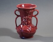 Vintage Maroon Ceramic Vase Doubled Handled Floral Motif