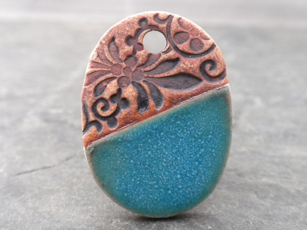 Verdigris Flora- handmade rustic ceramic floral and aqua oval pendant 3675