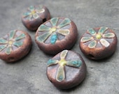 Rustic Bloom Beads- handmade rustic ceramic flower bead  set chartreuse and aqua  3237