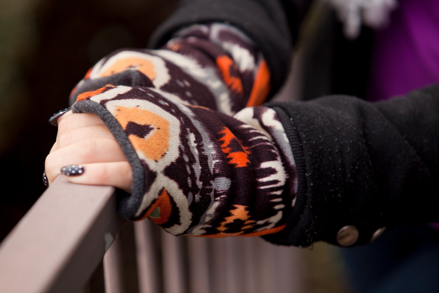 Fingerless Gloves, ikat, orange, brown, corduroy jersey/ knit, fleece lined, fingerless mittens