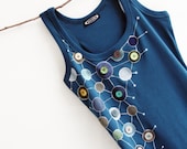 Teal Women Top Hand Painted Circuls Geometric Design SIZE L Buttons - MishMashStore