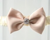 Wedding Garter Ivory Pink Rhinestone Bow Tie "Evelyn"