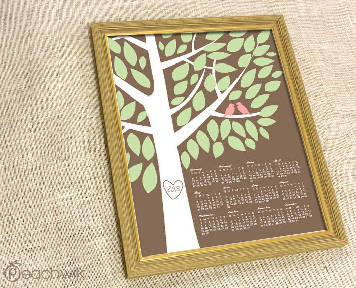 2013 Calendar - The Modwik - A Peachwik Print - Large Format Wall Calendar Art Print - Love Birds in a Mod Tree - Custom Colors - 16x20