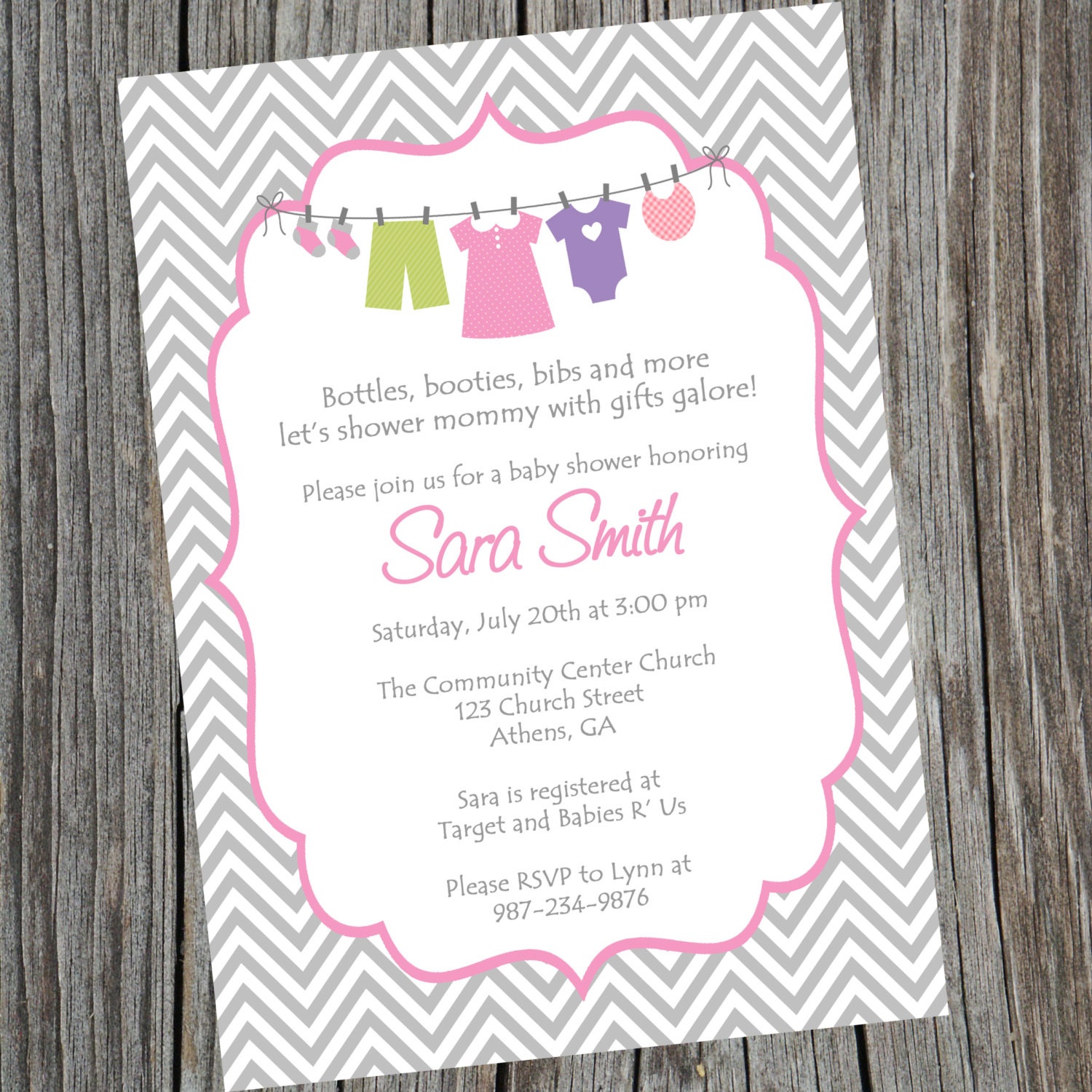 Printable Girl Baby Shower Invitation. Printable Baby Girl Chevron Shower Invitation. Girls Clothesline Invitation. Il_170x135