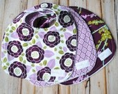 Baby Bibs for Baby GIrl- Set of 3 Girl Vintage Snap Bibs- Lavender Garden, Lilac Lattice, Lilac Sparrows