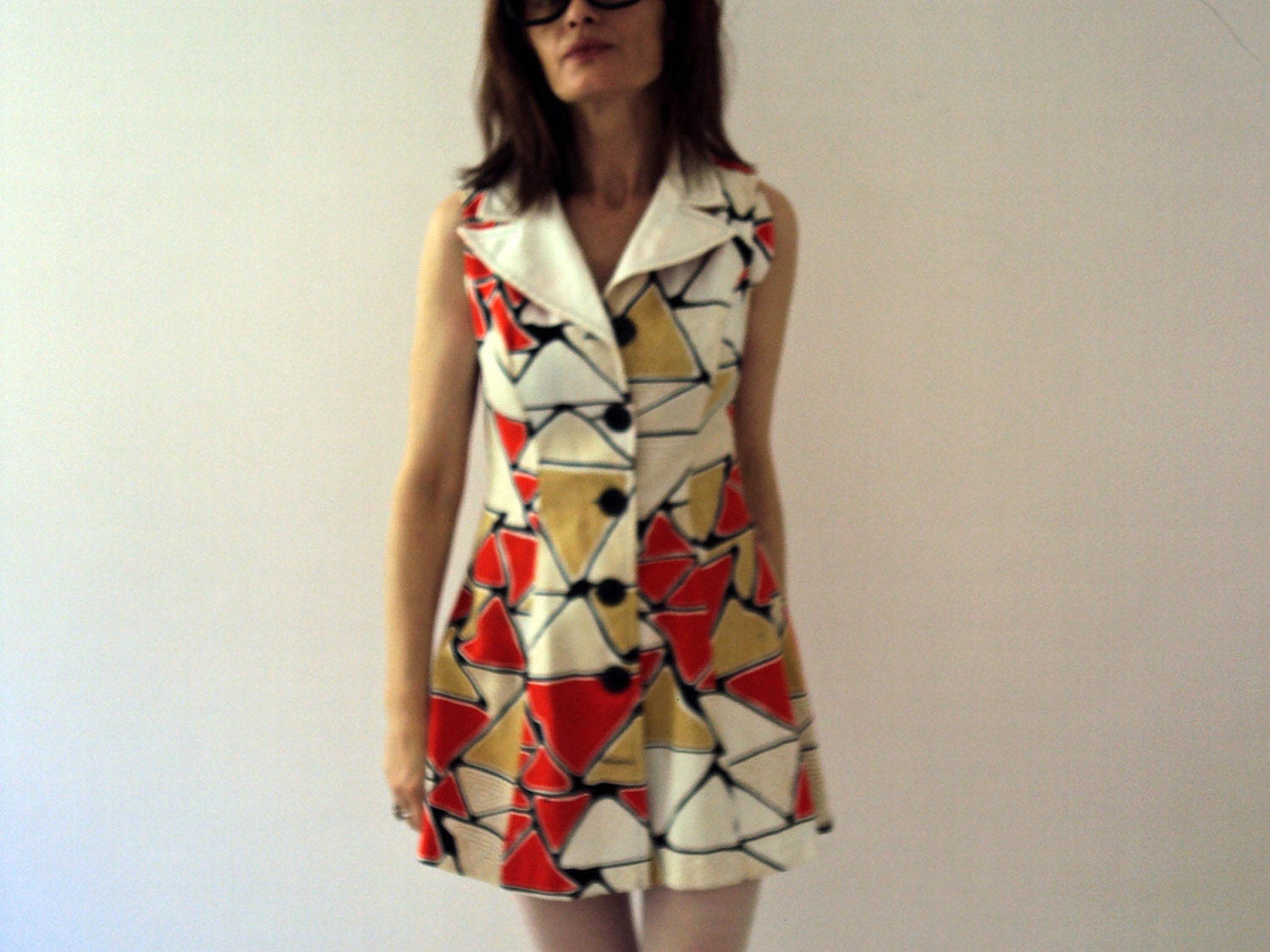 Vintage 70s Geometric Mosaic Triangle Hipster Dolly Mini Dress Waffle Cotton Red Mustard White