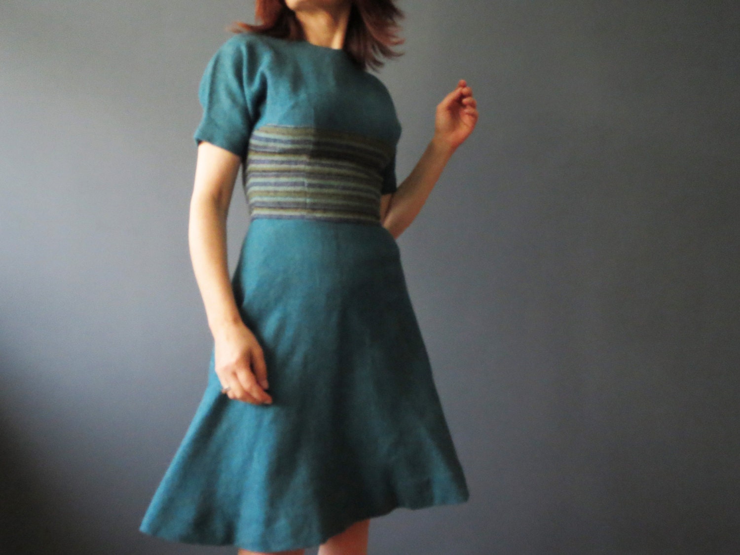 Vintage 50s Teal Blue Circle Skirt Dress, Mad Men Midcentury, Toni Edwards Small