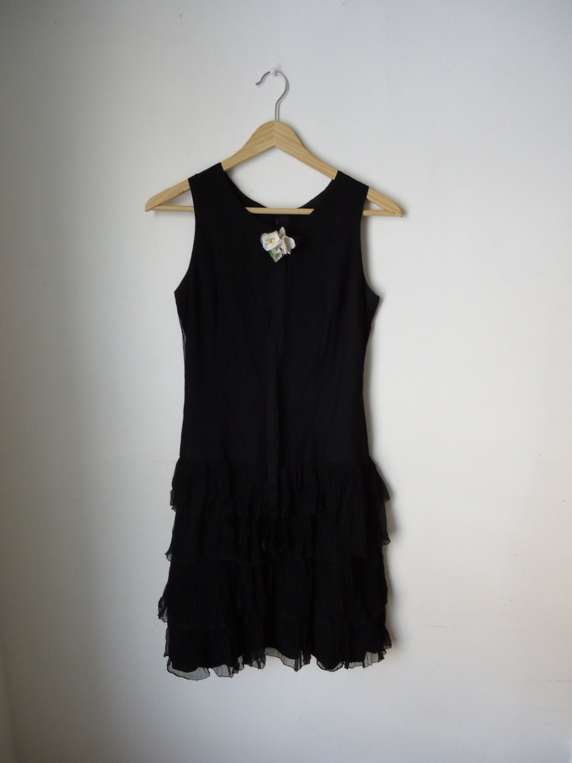 1960s Black SILK Drop Waist Accordion Pleat Party Dress with Flowers Small Medium