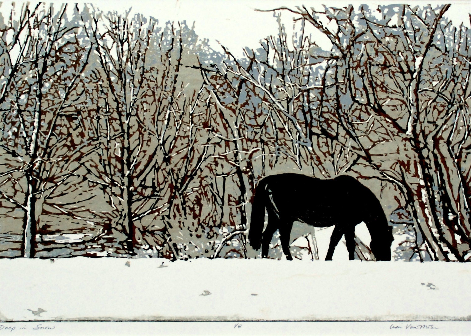 Deep in Snow, original horse woodcut print