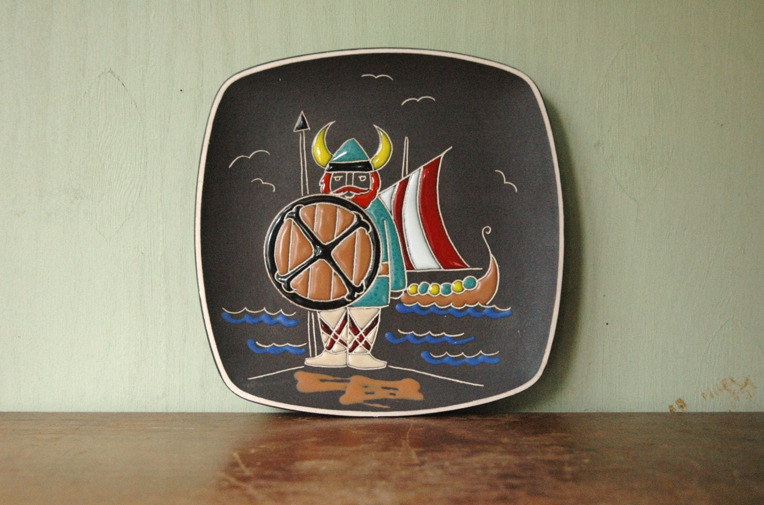 Mid Century Modern Viking Wall Plaque By Trifa Norway - Danish Mocern Ceramic Wall Hanging