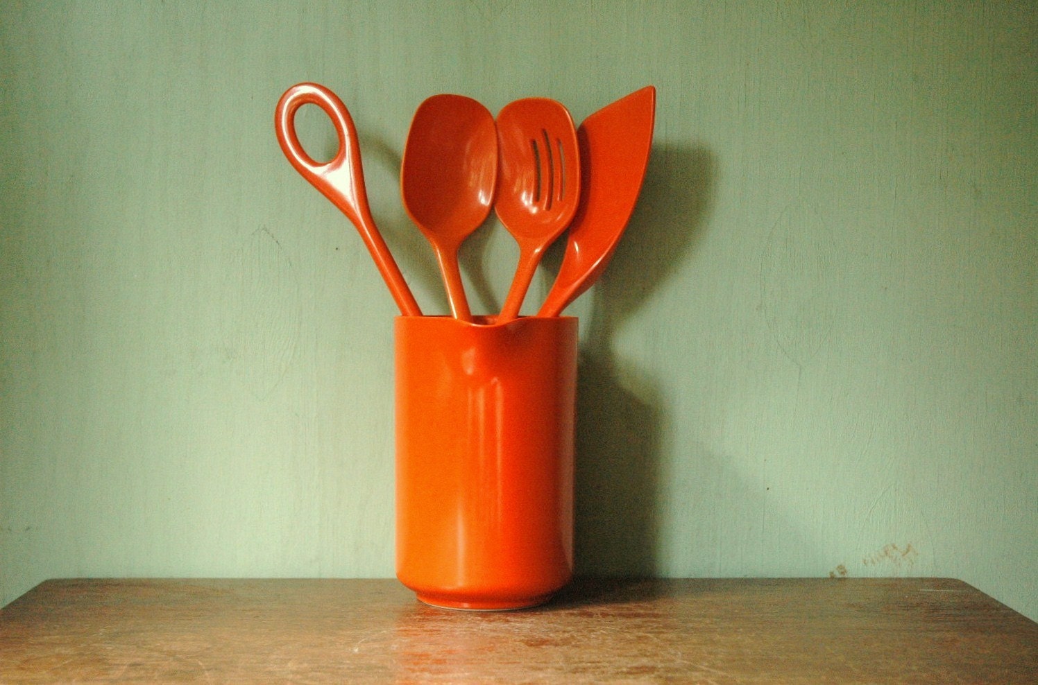 Mid Century Rosti Plastic Serving Utensils And Pitcher - Orange Danish Modern Salad Set