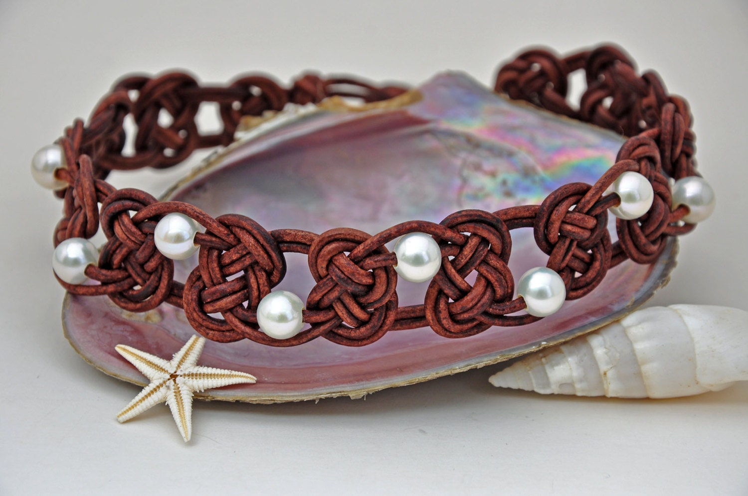 Pearl and Leather Celtic Knot Choker Necklace - Pearl and Leather Jewelry Collection