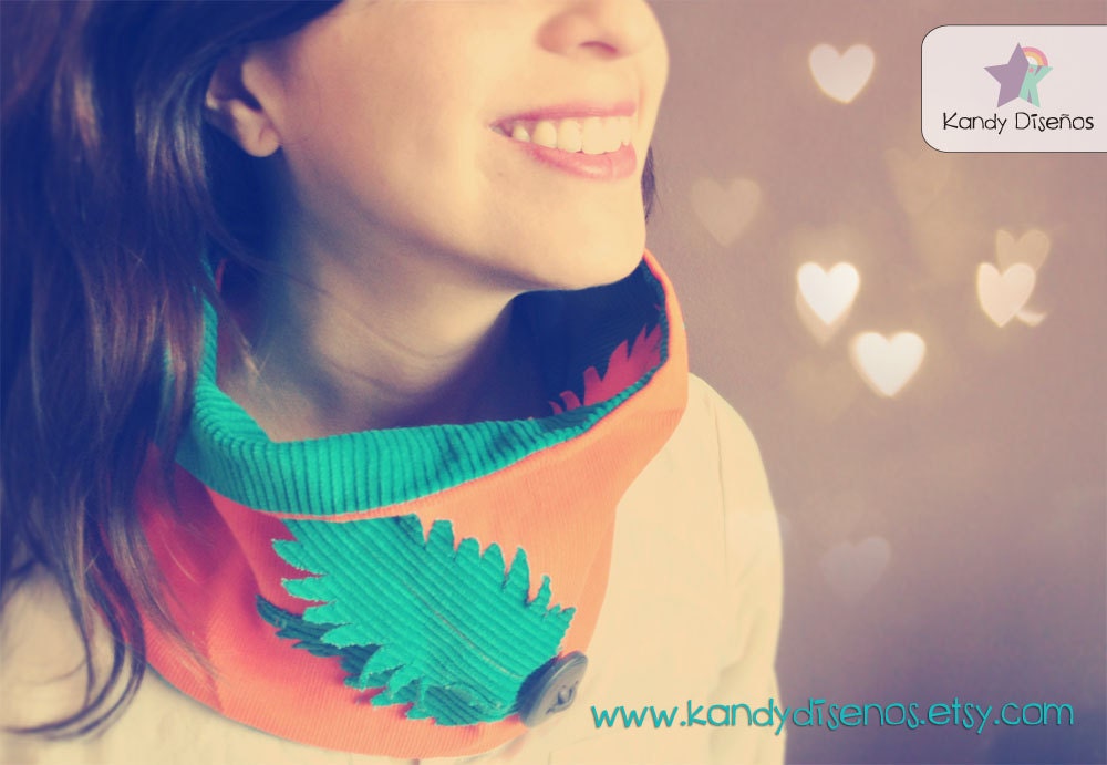 Feather Cowl Neckwarmer Reversible Turquoise Orange Scarf Circle scarf OOAK