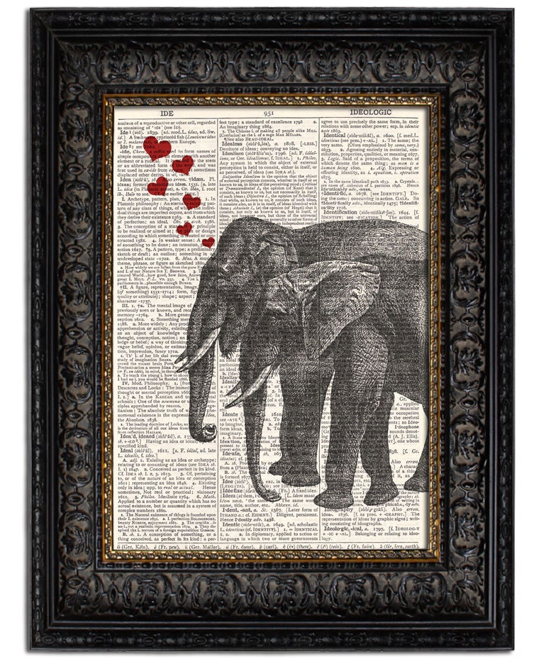 ELEPHANT LOVE 11x14 inch Art Print Poster Typographic Art Print Typography print on reproduction vintage dictionary page