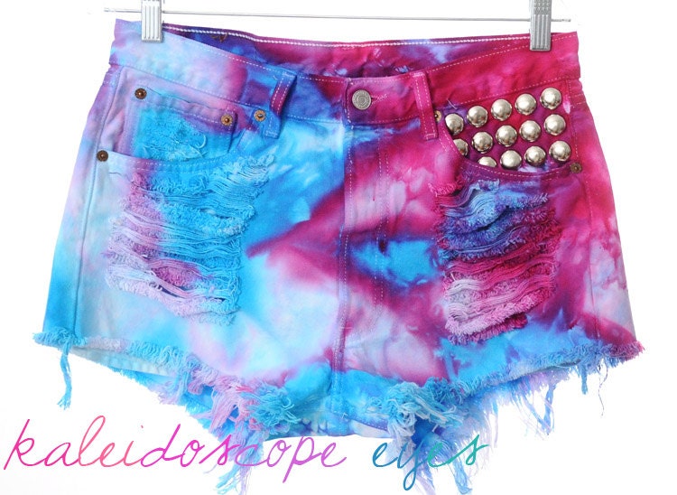 Vintage Levis 501 STUDDED High Waist MARBLED Dyed DESTROYED Denim Cut Off Shorts L