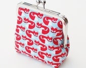 Fox Coin Purse, Handmade Vegan Wallet , Organic Fabric in Red, Aqua, and White