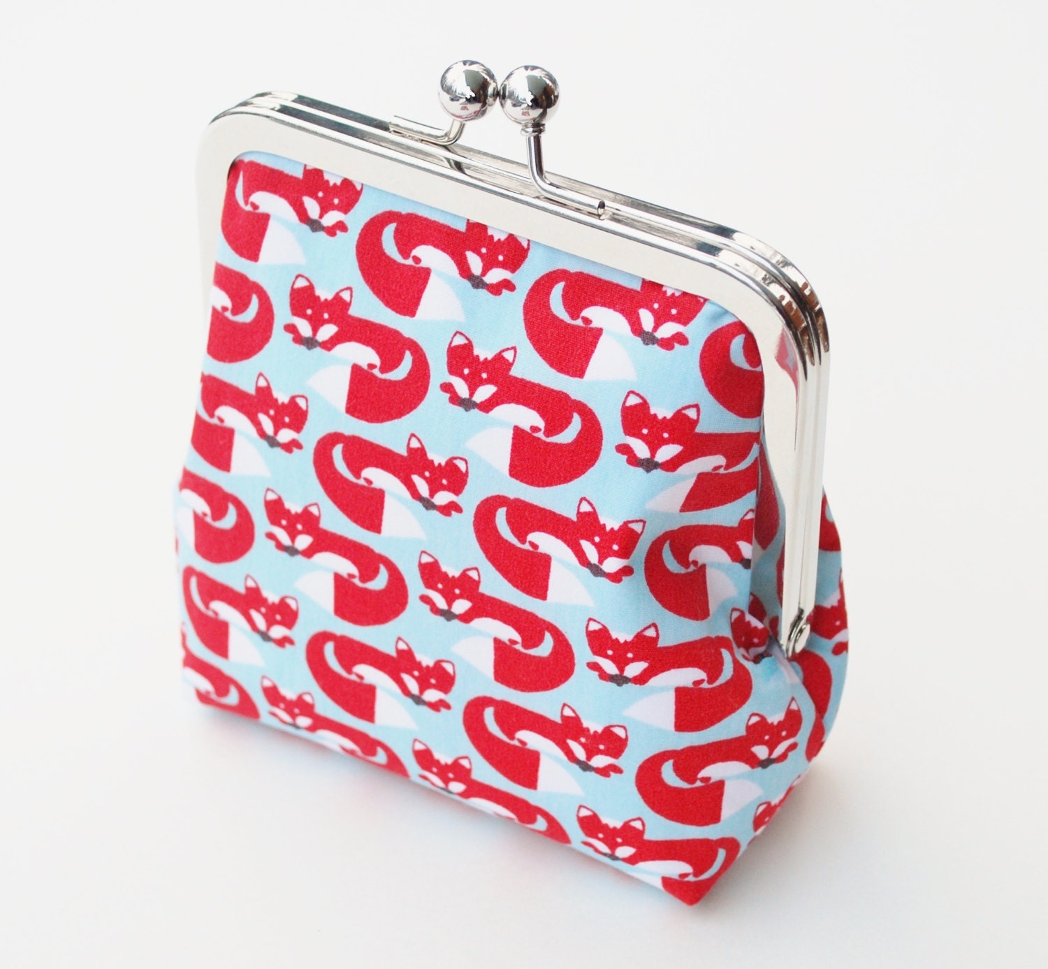 Fox Coin Purse, Handmade Vegan Wallet , Organic Fabric in Red, Aqua, and White