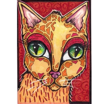 Original ACEO Cat, Big-Eyed Kitten in Orange and Red