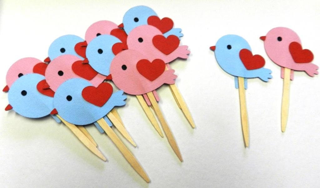 Pink and Blue Birds Valentine Cupcake Toppers Valentines Day Il_170x135