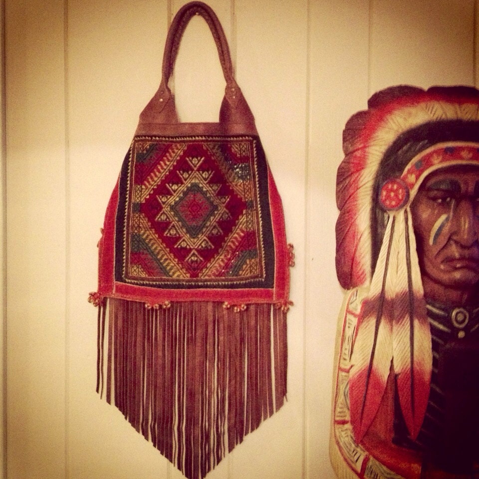 Hmong Embroidered Diamond Leather Fringe Tote Bag Purse