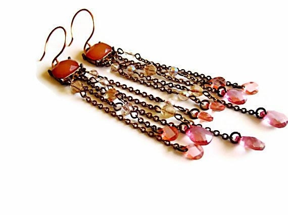 Copper Chain Dangle Earrings, Vintage Chain and Beads