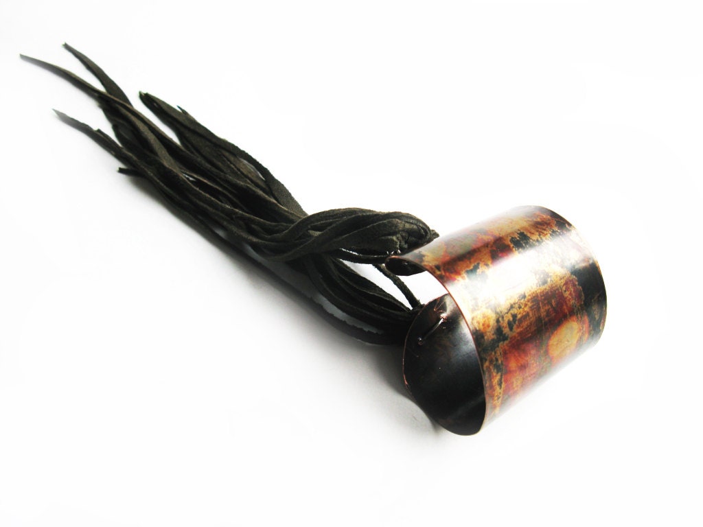 Adjustable cuff bangle with leather fringe oxidized copper  Futuristika Cu