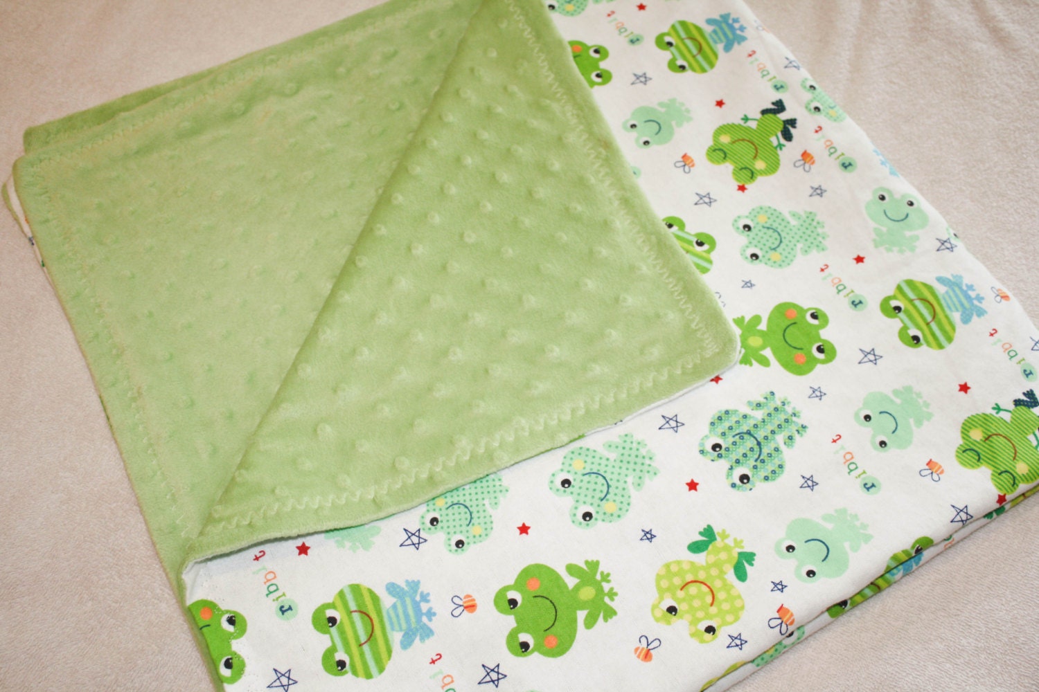 Green Minky and Frog Flannel Baby Blanket