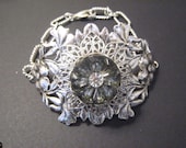 Vintage Victorian Inspired FLORAL Sterling silver Ox filigree Flower Bracelet BLACK DIAMOND rhinestone bridal wedding bridesmaid
