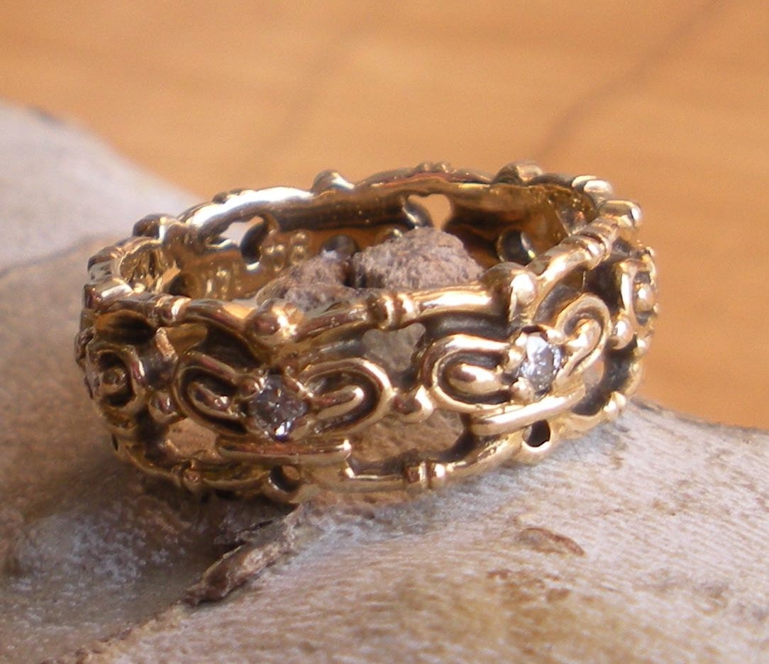 Diamond Wide 14k Yellow Gold Filigree Engagement - Eternity Ring - Wedding Band - House of Igor Carl Faberge for Franklin Mint