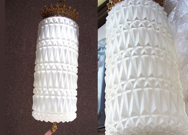 Hollywood Regency lamp cracked ice cube swag pendant light fixture gilt and frosted glass mid century FOUR AVAILABLE