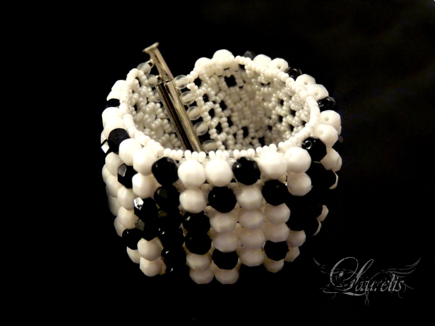 b/w beaded minimalistic cuff glass bracelet - art deco, psychedelic black white simple modern elegant