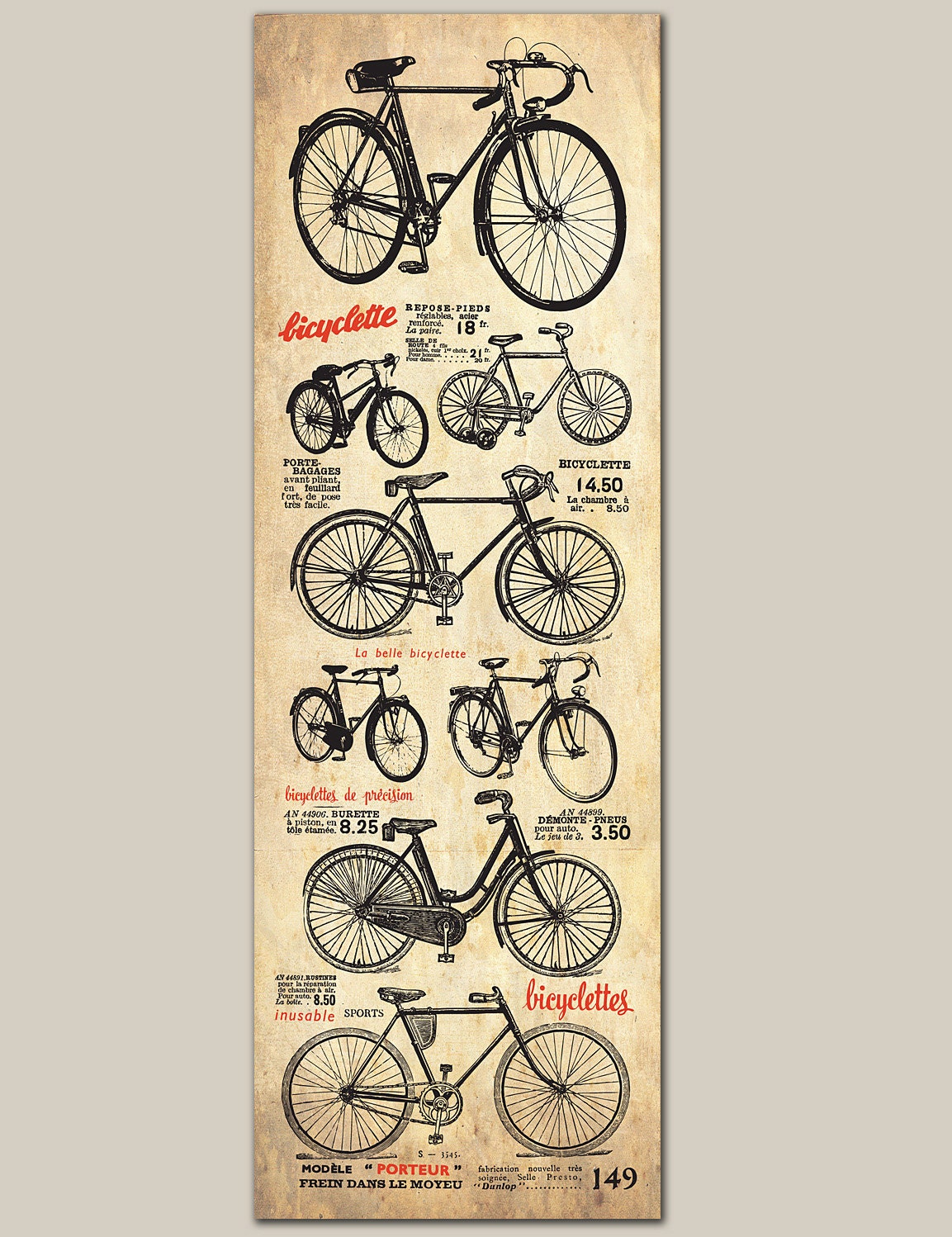 Vintage Bicycle Vertical Poster 12x36