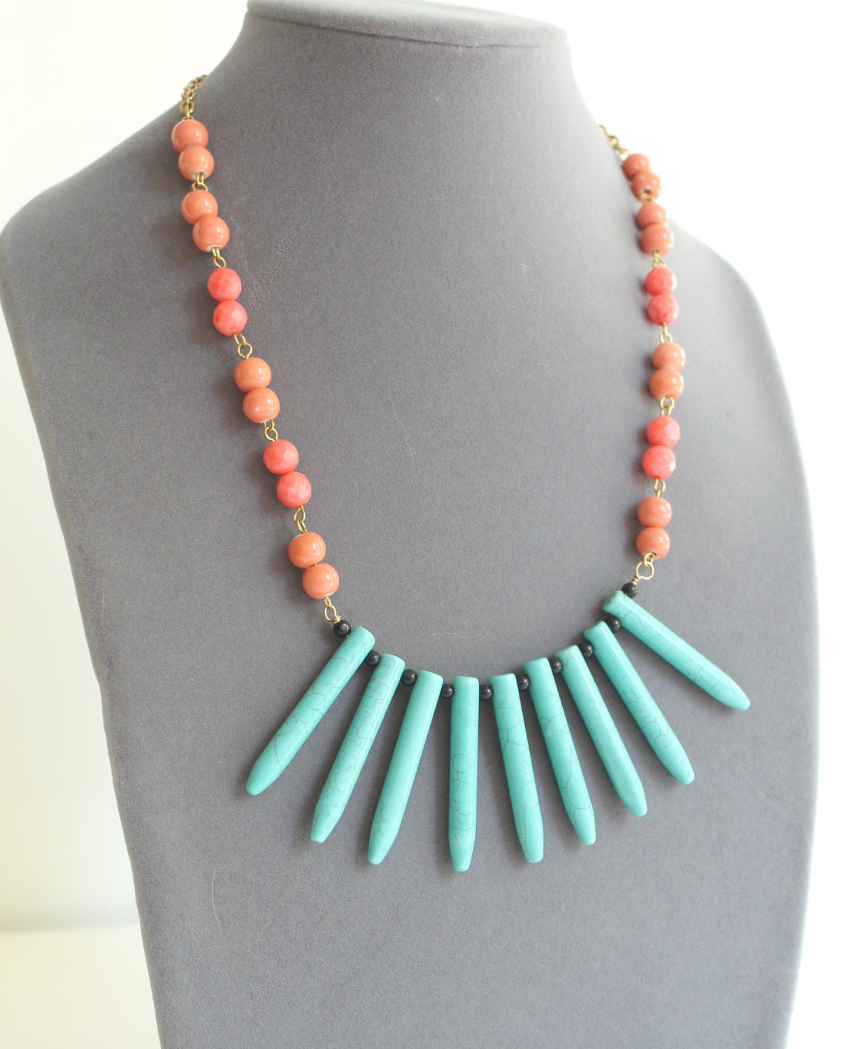 Turquoise and coral spike statement necklace