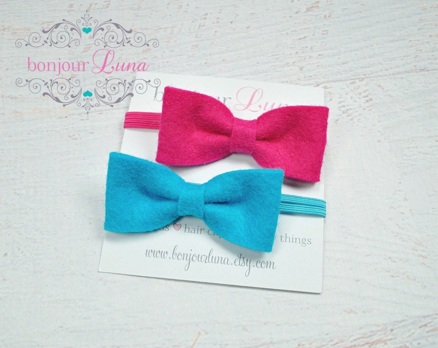 Felt Bows - Baby Headbands - Gift Set - Bright Turquoise - Hot Pink - Baby Bows - Infant Headbands - Photo Props
