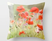 Decorative Pillow Cover, Photo Pillow Case, Accent Pillow Case, Poppy Flowers, Red Green, Field of Flowers, 16x16, 18x18