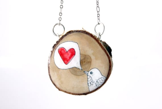 valentines bird wood slice necklace- hand painted wood slice necklace