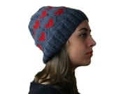 Valentine Red Heart Grey Hat  - Slouchy Beret - Charcoal Gray Beanie- Fall Winter Red Fashion - Women Teens Accessories -