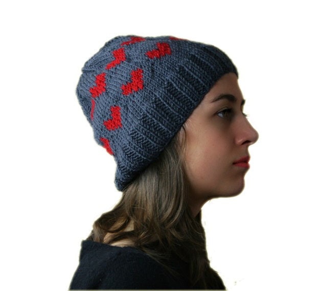 Valentine Red Heart Grey Hat  - Slouchy Beret - Charcoal Gray Beanie- Fall Winter Red Fashion - Women Teens Accessories -