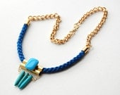 IONA // Blue woven rope statement necklace //  Brass  tube and Turquoise howlite Spikes // Gold plated chain