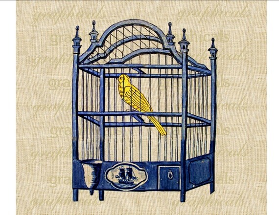 Vintage blue birdcage Yellow bird Digital download image for iron on fabric transfer decoupage papercraft pillows burlap No. 1840