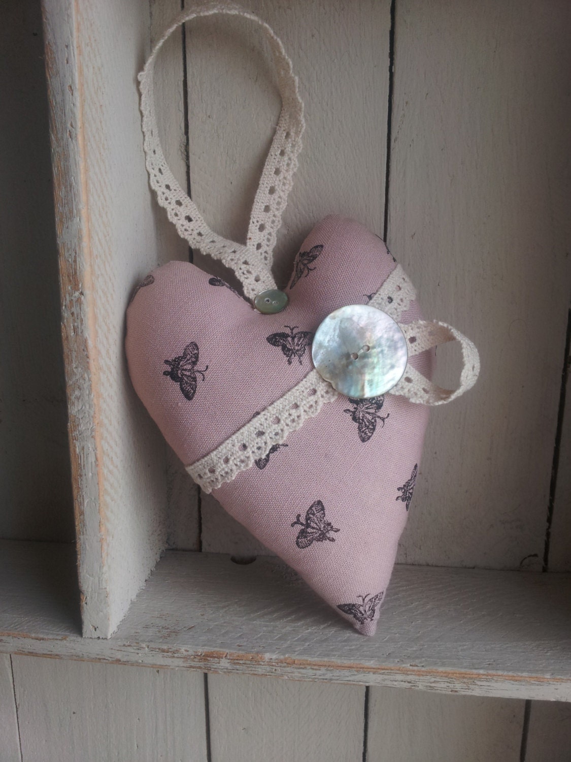 Pink Butterfly hand printed heart decor. 'Flutter'