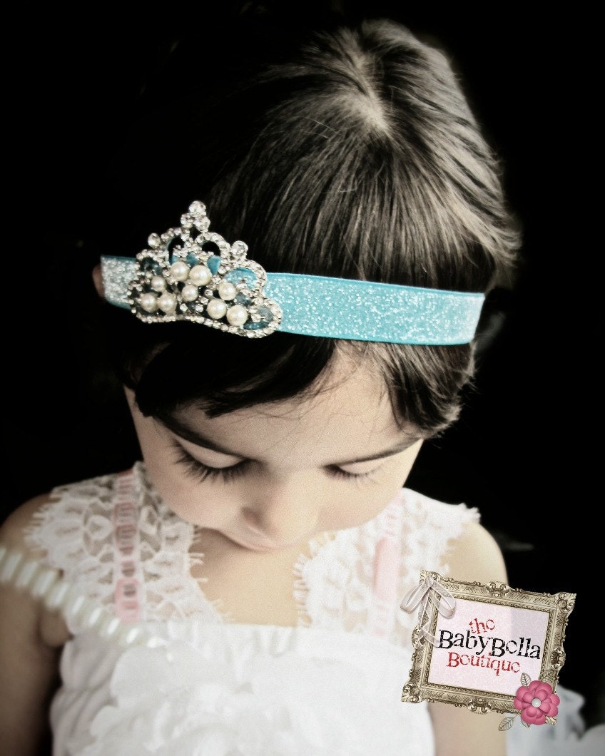Baby Headband, Crown and turquoise  glitter elastic headband, , Baby Girl Princess headband , Baptism,