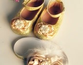 Baby Girl Rosette Crib Shoes and headband set ,Baby Shoes,Christening, Baptism, Wedding, Ready to ship