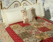 Dollhouse Miniature Quilt  with 2 Matching Bed Pillows & Decorator Pillow, " La Rue" - 1:12 Scale