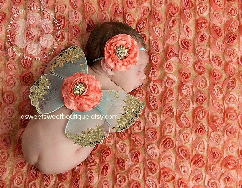 Newborn Butterfly Wings Sweet Coral Breeze Wings And Headband Set From The Sweet Fairy Fancy Collection Beautiful Newborn Photo Prop