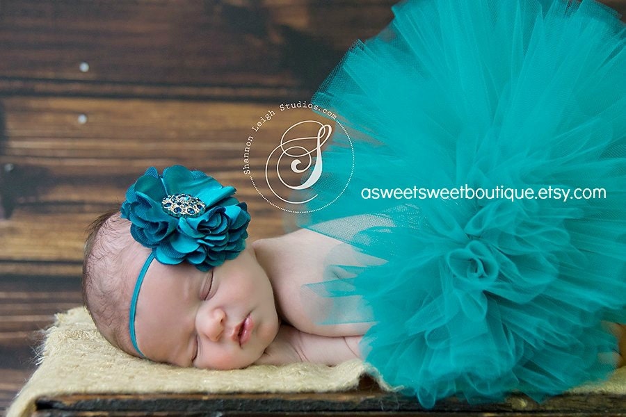 Totally Teal Tutu Boutique Style Custom Made With Matching Flower Headband Beautiful Newborn Photo Prop MANY COLORS AVAILABLE