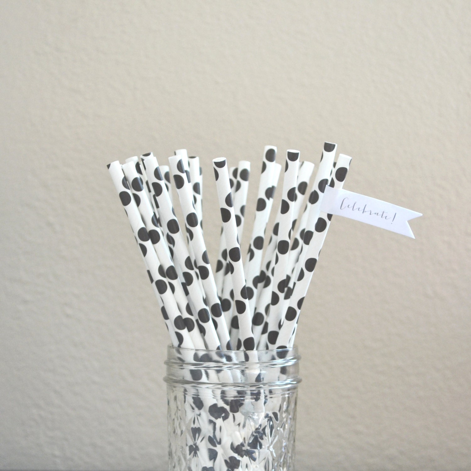 25 BLACK polka dot paper straws - made in USA