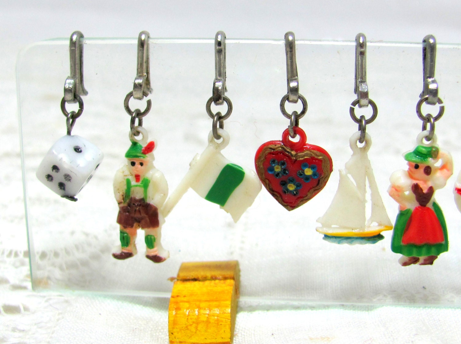 Art Deco Wineglass Charms, Austrian 12 Multi-coloured Wine Glass Plastic Markers/Hangers & Stand Boxed 1930s
