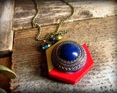 Retro in Red Brass and Navy Gold Bakelite Geometric Long Statement Pendant Necklace One Mans Trash