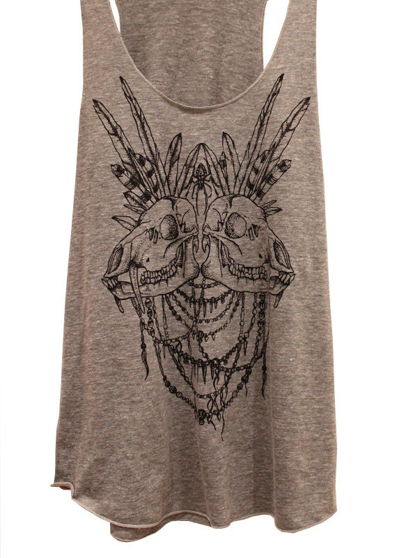 Tanktop - Tribal, grey. Racerback, vest, skull, tribal, spider, feathers, beads